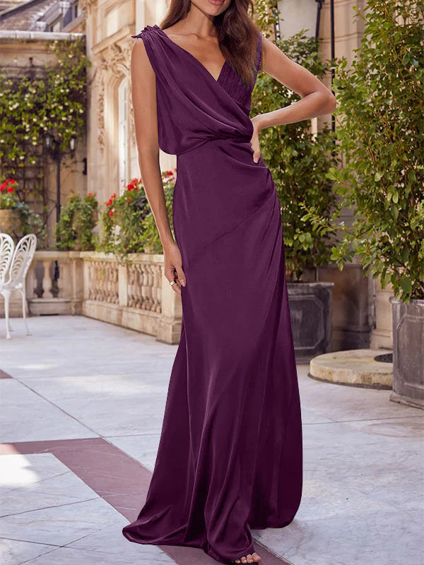 A-Line/Princess V-Neck Sleeveless Floor-Length Bridesmaid Dresses with Ruched