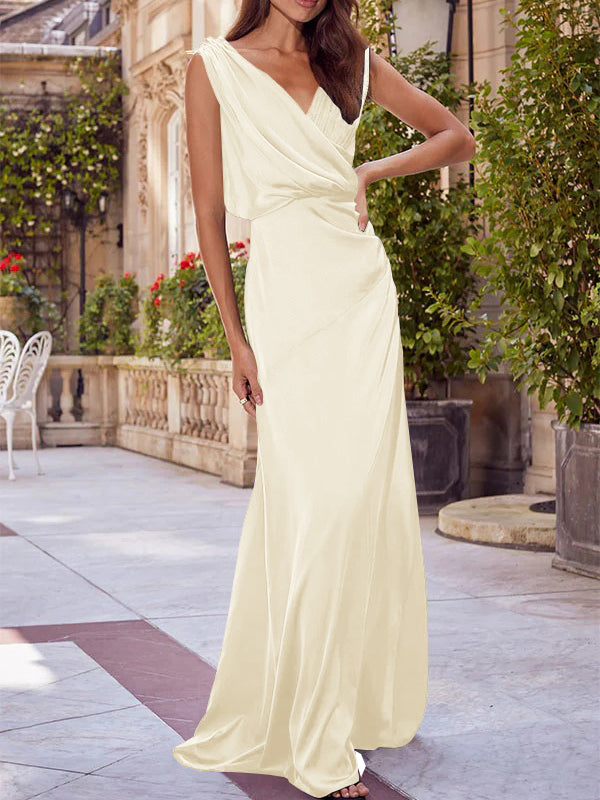 A-Line/Princess V-Neck Sleeveless Floor-Length Bridesmaid Dresses with Ruched
