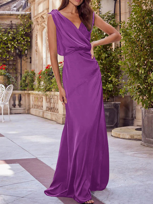 A-Line/Princess V-Neck Sleeveless Floor-Length Bridesmaid Dresses with Ruched