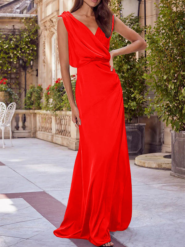 A-Line/Princess V-Neck Sleeveless Floor-Length Bridesmaid Dresses with Ruched