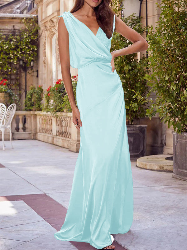 A-Line/Princess V-Neck Sleeveless Floor-Length Bridesmaid Dresses with Ruched