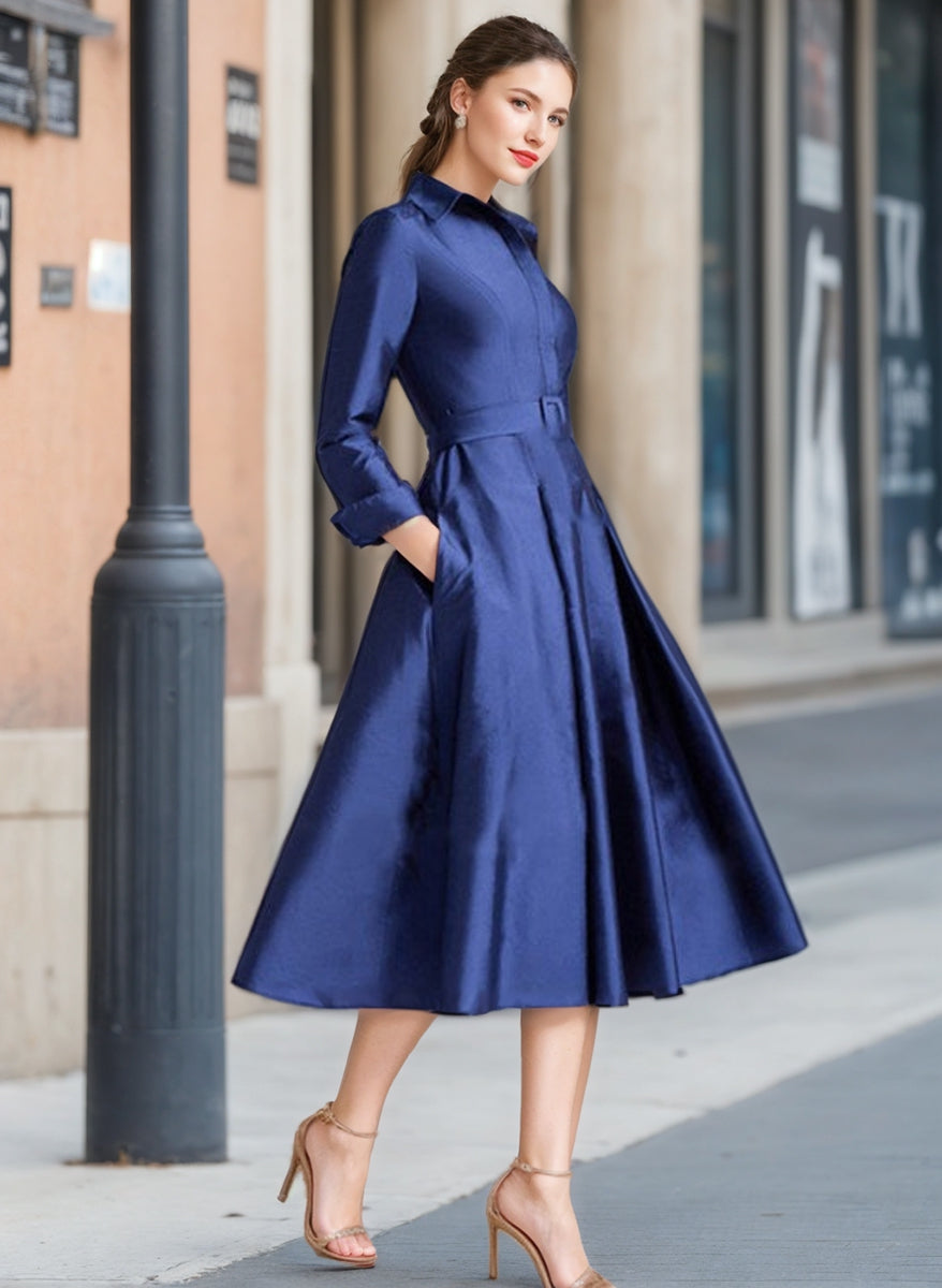 A-Line/Princess V-Neck Long Sleeves Tea-Length Elegant Mother of the Bride Dresses