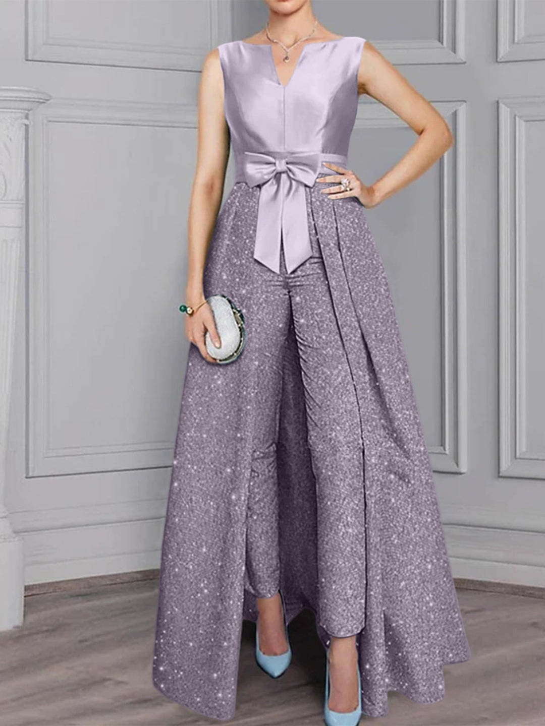 2 Pieces Scoop Long Sleeves Mother of the Bride Pantsuits with Sash 锛?Sequins