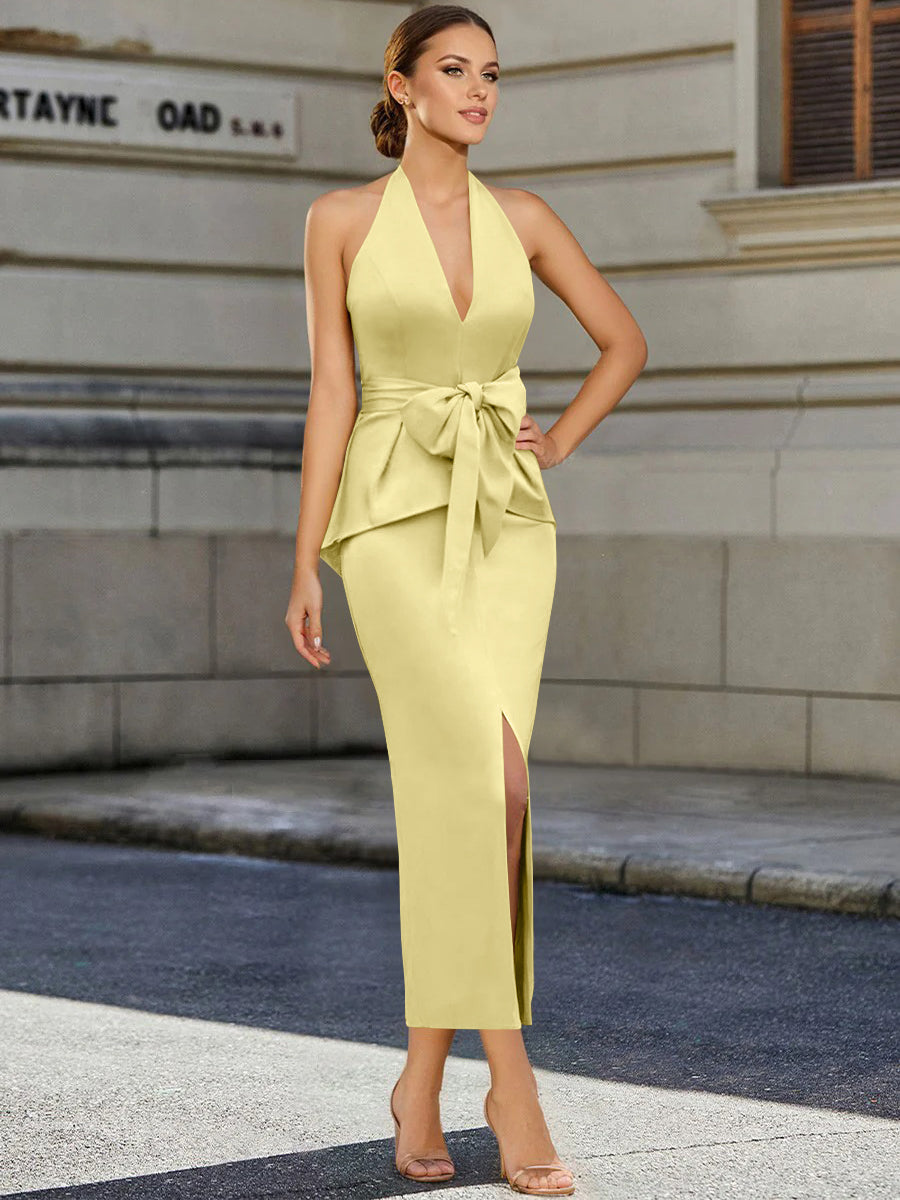 Sheath/Column Halter Sleeveless Tea-Length Cocktail Dresses with Bowknot