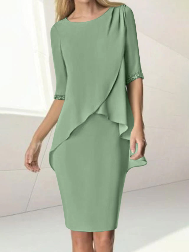 Sheath/Column Jewel Neck Knee-Length Half Sleeve Mother of the Bride Dresses with Beading Ruching