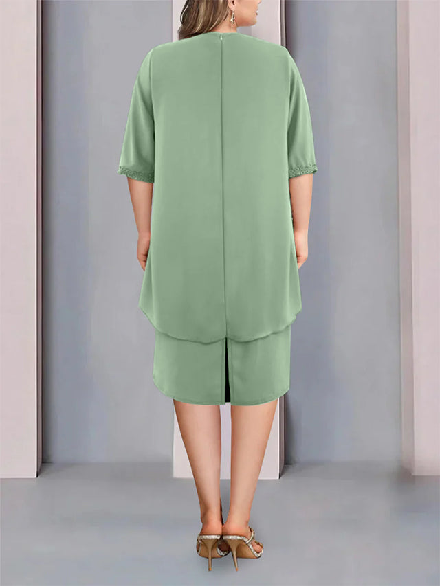 Sheath/Column Jewel Neck Knee-Length Half Sleeve Mother of the Bride Dresses with Beading Ruching