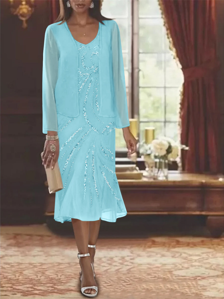 Chiffon 2 Pieces V-Neck Knee-Length Mother of the Bride Dresses with Jacket & Sequins Beading