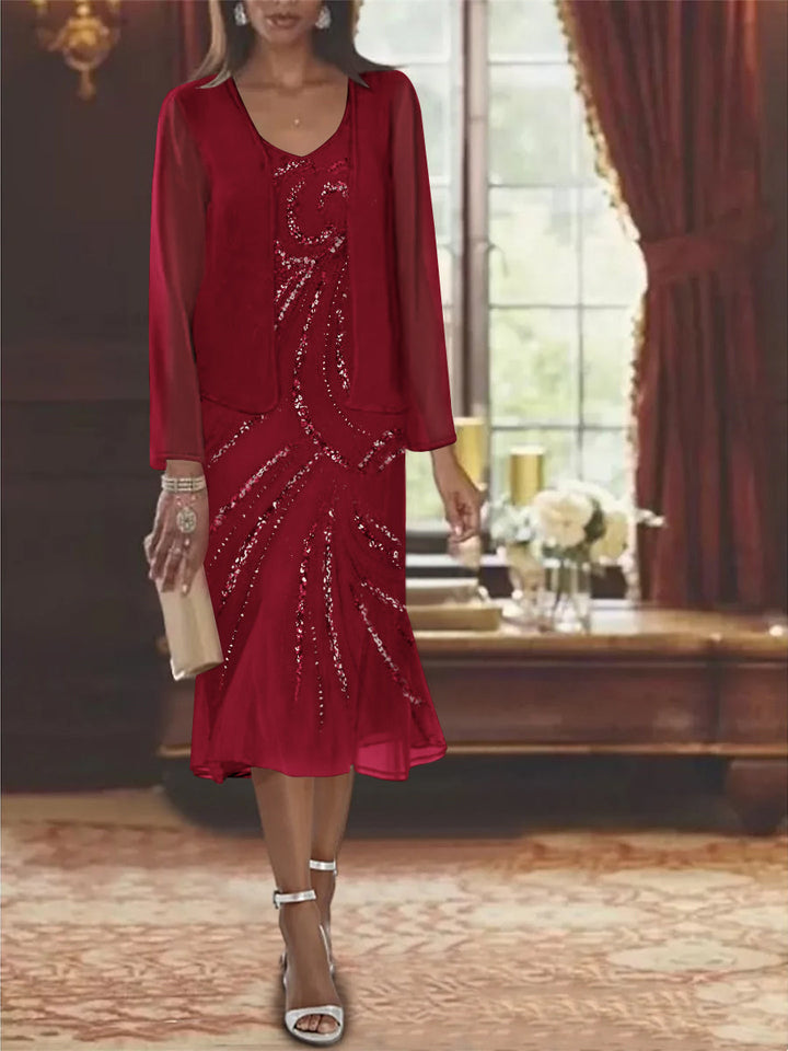Chiffon 2 Pieces V-Neck Knee-Length Mother of the Bride Dresses with Jacket & Sequins Beading