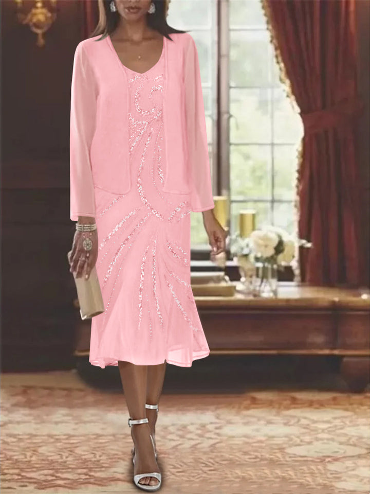 Chiffon 2 Pieces V-Neck Knee-Length Mother of the Bride Dresses with Jacket & Sequins Beading