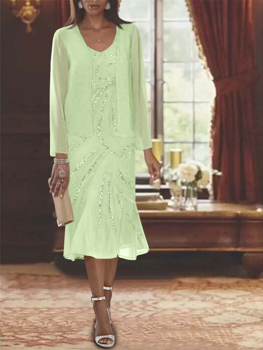 Chiffon 2 Pieces V-Neck Knee-Length Mother of the Bride Dresses with Jacket & Sequins Beading