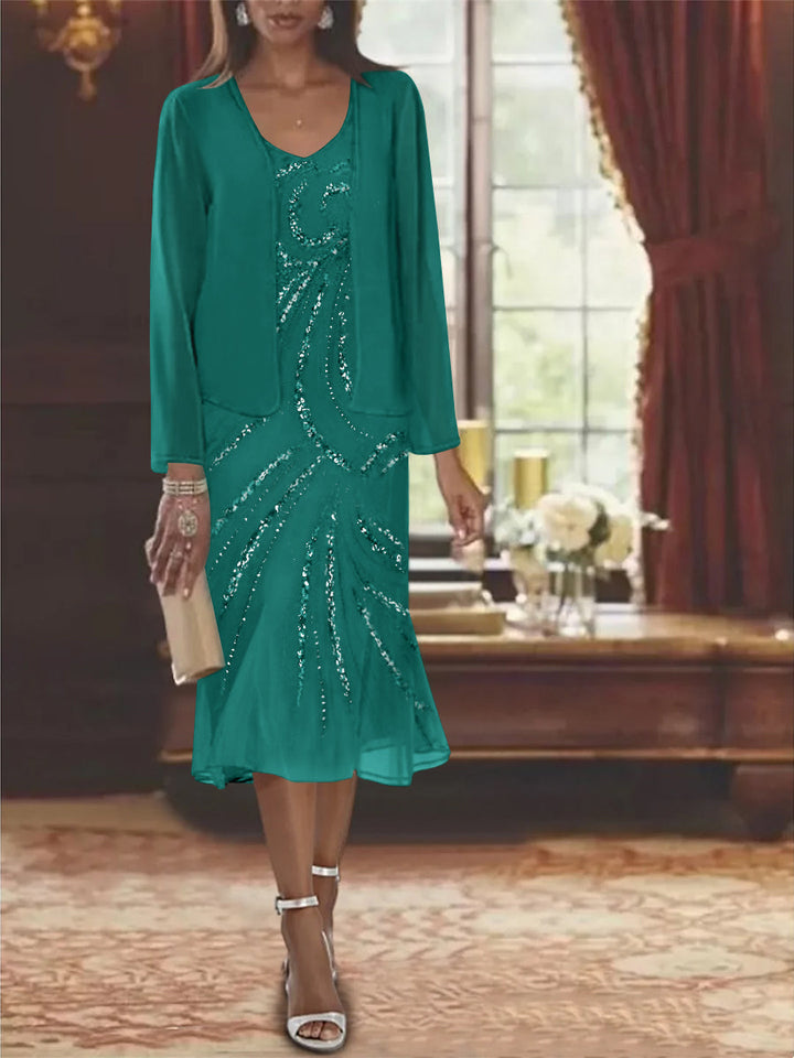 Chiffon 2 Pieces V-Neck Knee-Length Mother of the Bride Dresses with Jacket & Sequins Beading