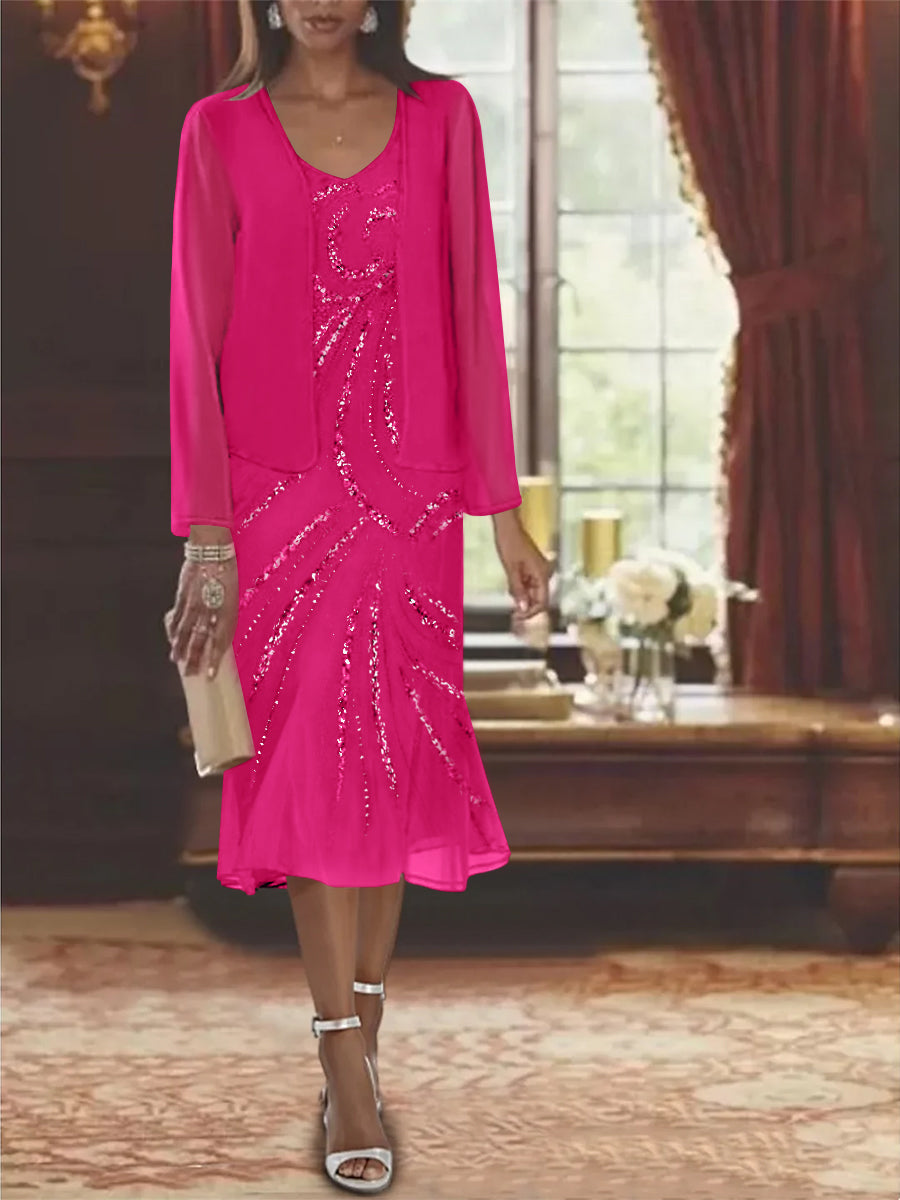 Chiffon 2 Pieces V-Neck Knee-Length Mother of the Bride Dresses with Jacket & Sequins Beading