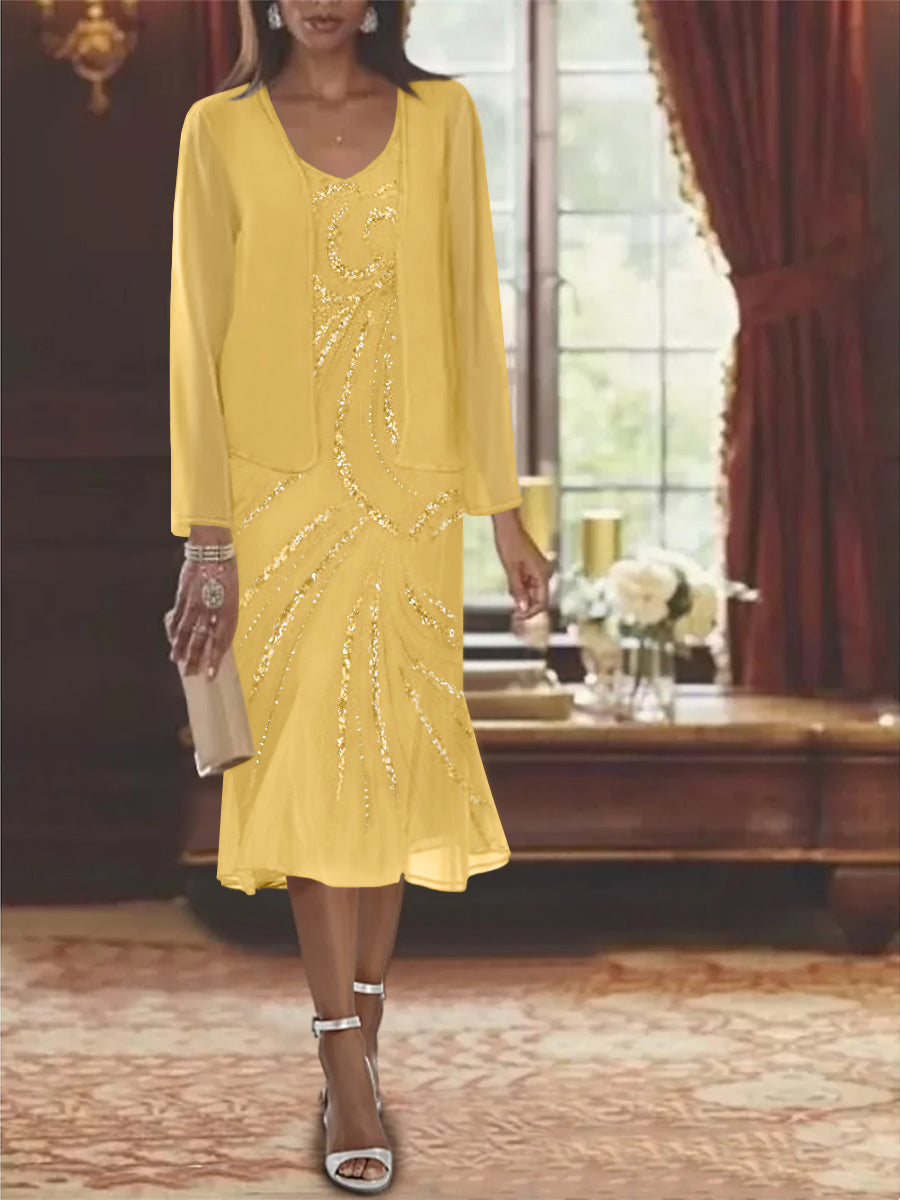 Chiffon 2 Pieces V-Neck Knee-Length Mother of the Bride Dresses with Jacket & Sequins Beading