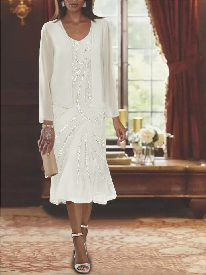 Chiffon 2 Pieces V-Neck Knee-Length Mother of the Bride Dresses with Jacket & Sequins Beading