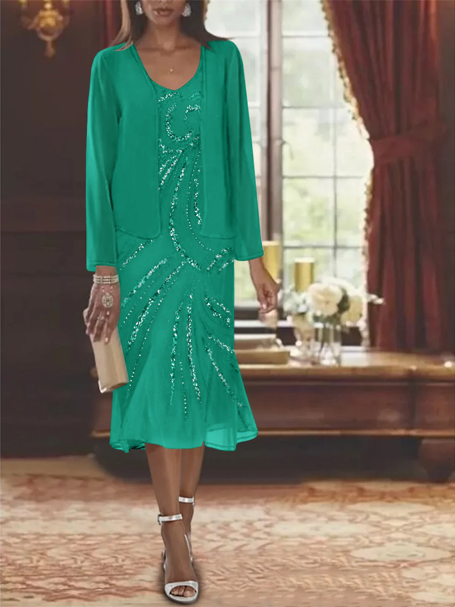 Chiffon 2 Pieces V-Neck Knee-Length Mother of the Bride Dresses with Jacket & Sequins Beading