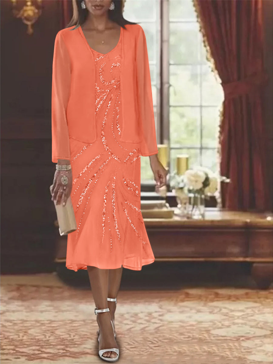 Chiffon 2 Pieces V-Neck Knee-Length Mother of the Bride Dresses with Jacket & Sequins Beading