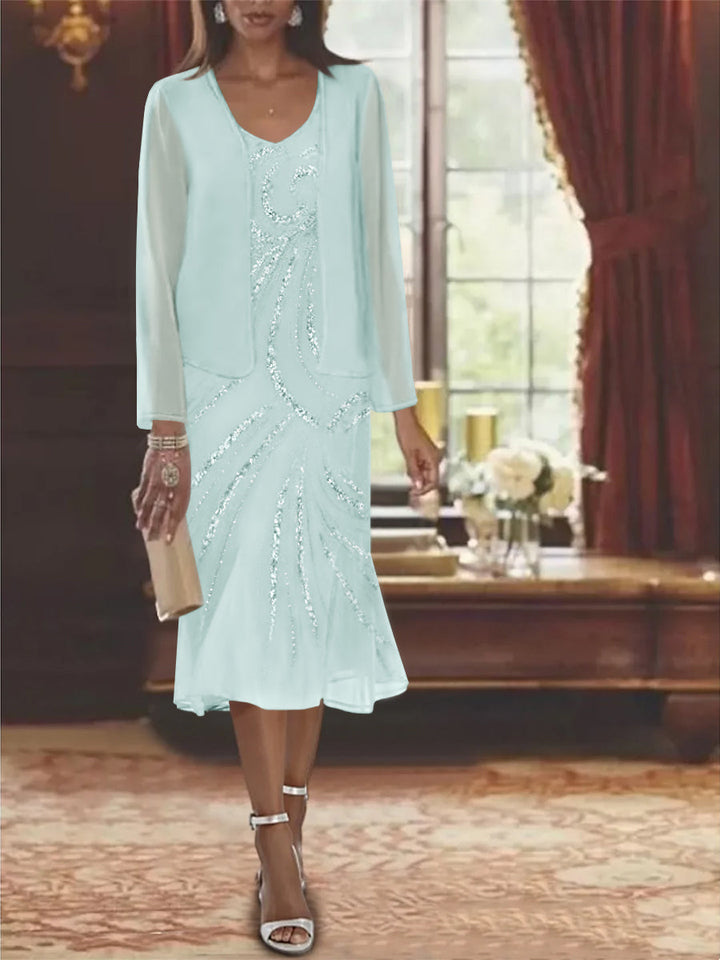 Chiffon 2 Pieces V-Neck Knee-Length Mother of the Bride Dresses with Jacket & Sequins Beading