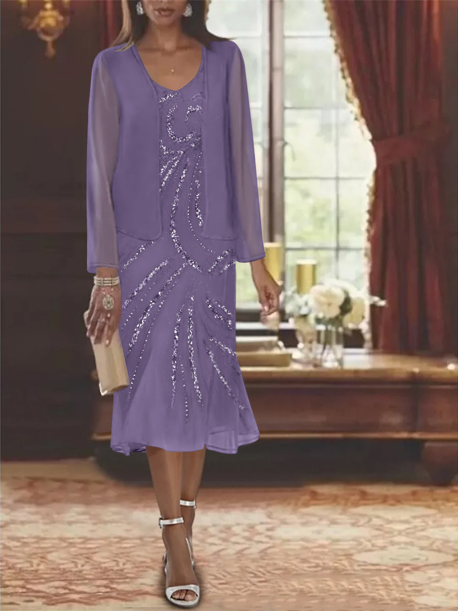 Chiffon 2 Pieces V-Neck Knee-Length Mother of the Bride Dresses with Jacket & Sequins Beading