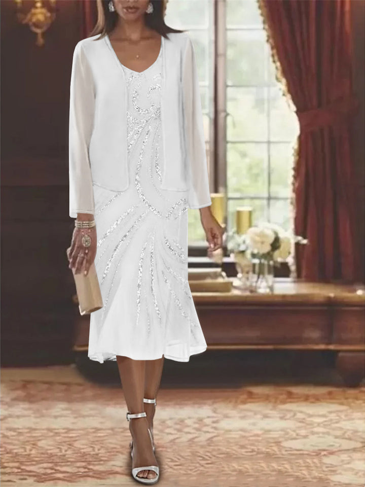 Chiffon 2 Pieces V-Neck Knee-Length Mother of the Bride Dresses with Jacket & Sequins Beading