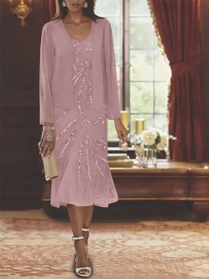 Chiffon 2 Pieces V-Neck Knee-Length Mother of the Bride Dresses with Jacket & Sequins Beading