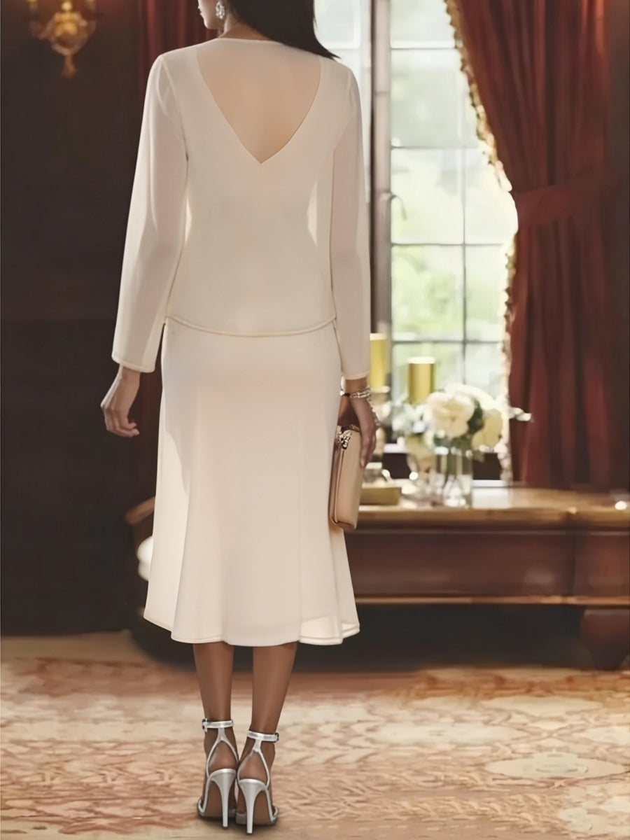 Chiffon 2 Pieces V-Neck Knee-Length Mother of the Bride Dresses with Jacket & Sequins Beading