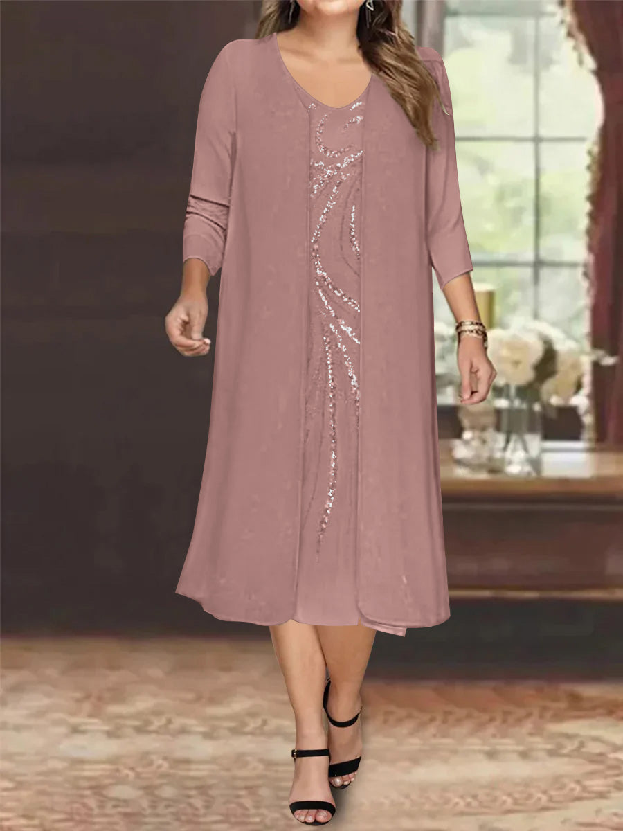 Sheath/Column V-Neck Long Sleeves Tea-Length Plus Size Mother of the Bride Dresses with Jacket & Sequins Beading