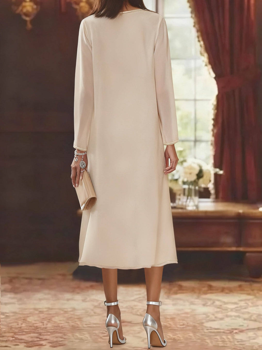 Sheath/Column V-Neck Long Sleeves Tea-Length Mother of the Bride Dresses with Jacket & Sequins Beading