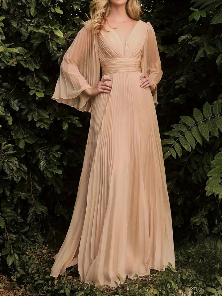 A-Line/Princess V-Neck Long Sleeves Floor-Length Wedding Guest Dresses with Pleats