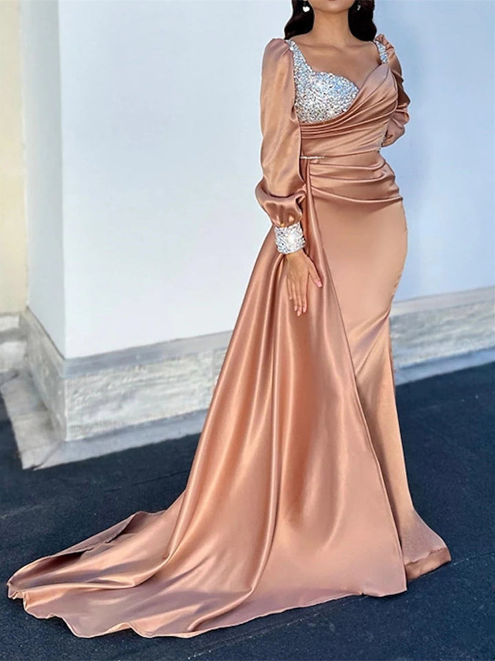 A-Line/Princess Long Sleeves Court Train Plus Size Evening Dresses with Glitter Ruched