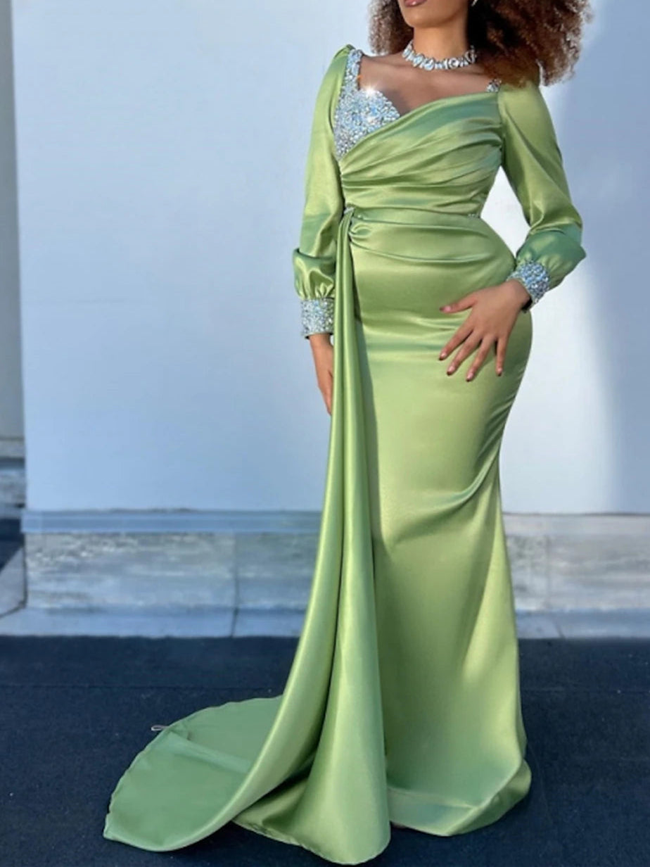 A-Line/Princess Long Sleeves Court Train Plus Size Evening Dresses with Glitter Ruched
