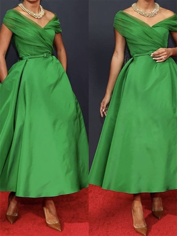 A-Line Sleeveless Off Shoulder Ankle Length Ruched Mother of the Bride Dresses