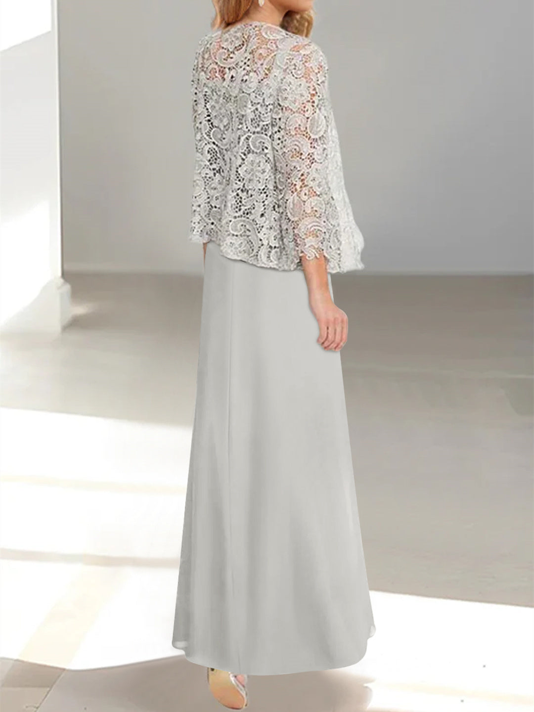 2 Pieces A-Line/Princess Scoop Floor-Length Mother of the Bride Dresses with Pleated & Lace Appliques