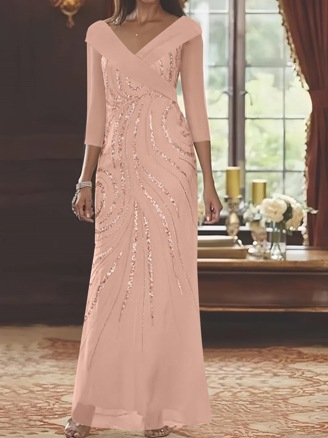 Sheath/Column V-Neck 3/4 Length Sleeve Floor-Length Mother of the Bride Dresses with Sequins Beading