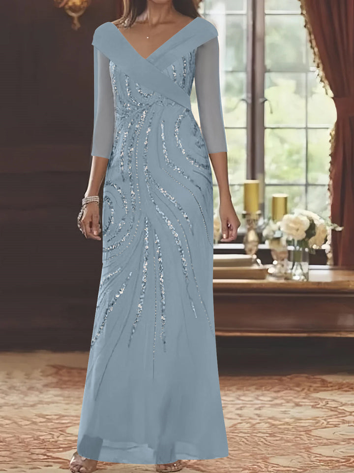 Sheath/Column V-Neck 3/4 Length Sleeve Floor-Length Mother of the Bride Dresses with Sequins Beading