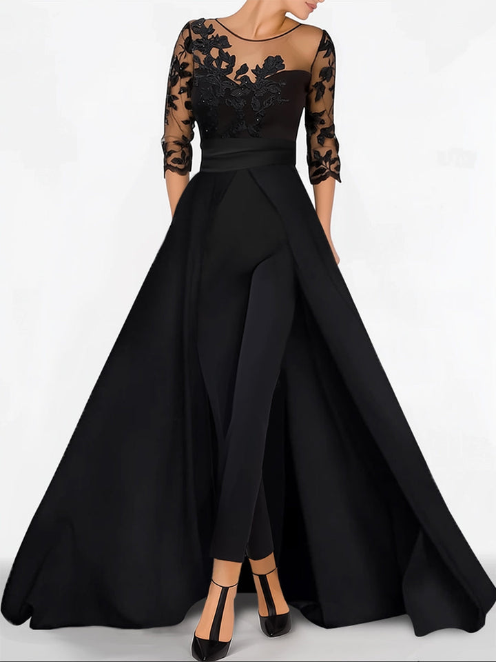A-Line/Princess Sweetheart 3/4 Sleeves Floor-Length Mother of the Bride Jumpsuit with Applique