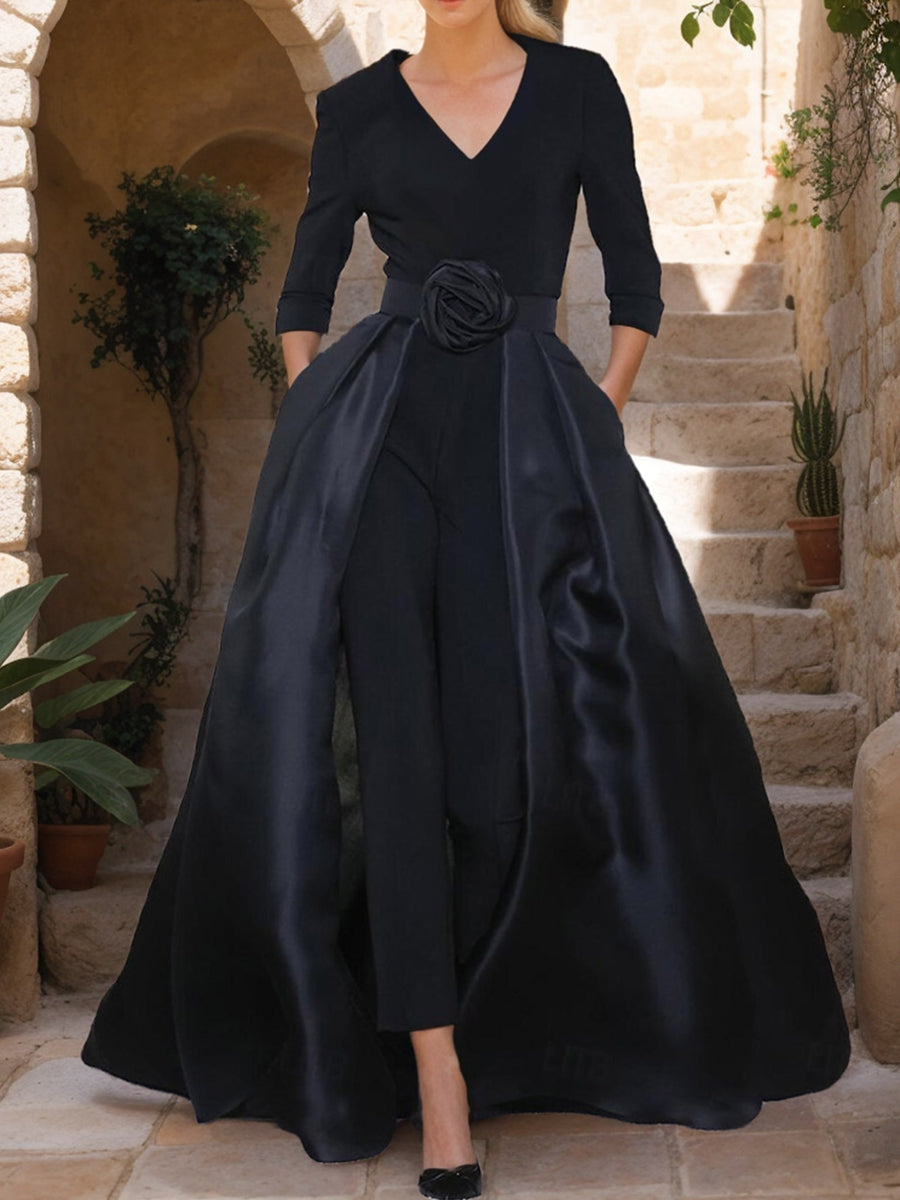 V-Neck 3/4 Sleeves Mother of the Bride Jumpsuit with Flower Belt