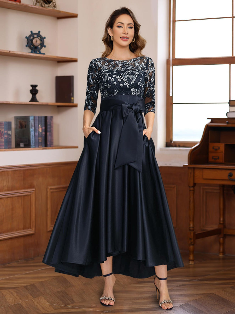 A-Line 3/4 Sleeves Asymmetrical Lace Mother of the Bride & Groom Dresses with Appliques & Bow Belt