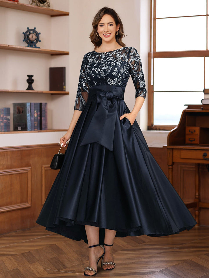 A-Line 3/4 Sleeves Asymmetrical Lace Mother of the Bride & Groom Dresses with Appliques & Bow Belt