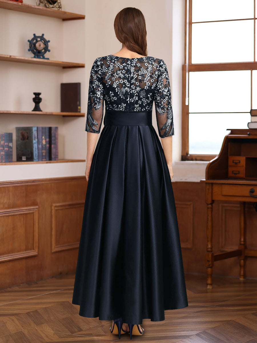 A-Line 3/4 Sleeves Asymmetrical Lace Mother of the Bride & Groom Dresses with Appliques & Bow Belt