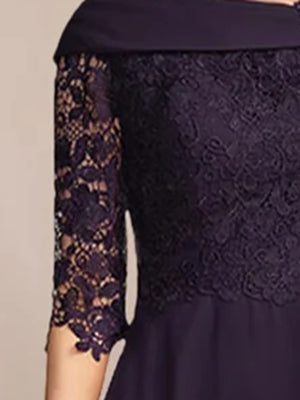 A-Line/Princess V-Neck Half Sleeves Tea Length Mother of the Bride & Groom Dresses with Lace Appliques