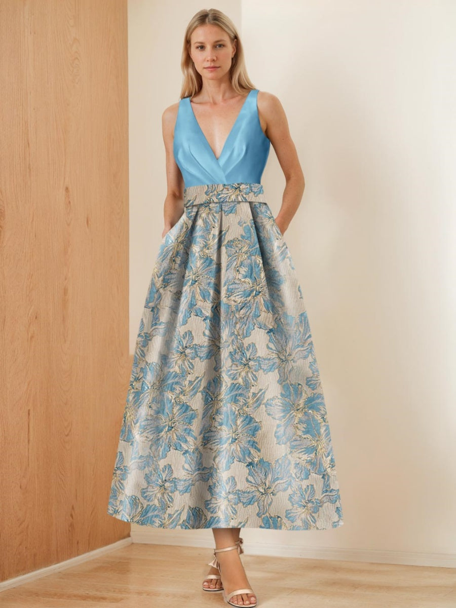 A-Line/Princess V-Neck Sleeveless Ruched Printed Floral Mother of the Bride Dresses