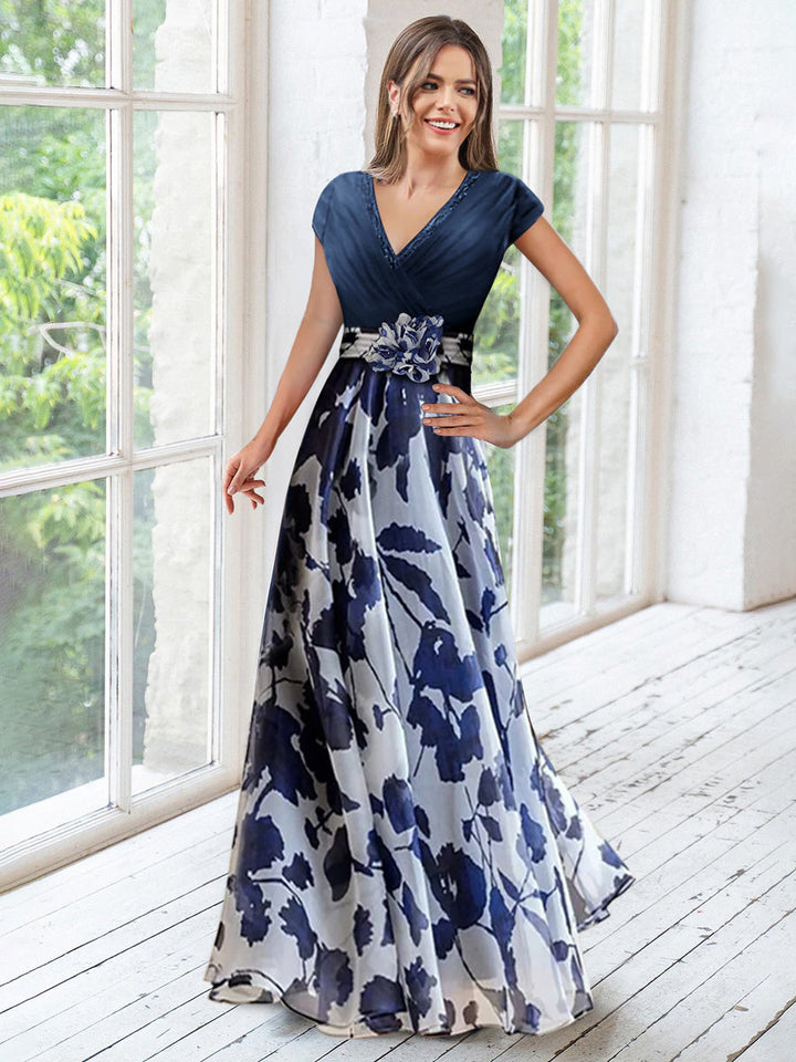 A Line/Princess V-Neck Short Sleeves Mother of the Bride Dresses With Flower & Ruches