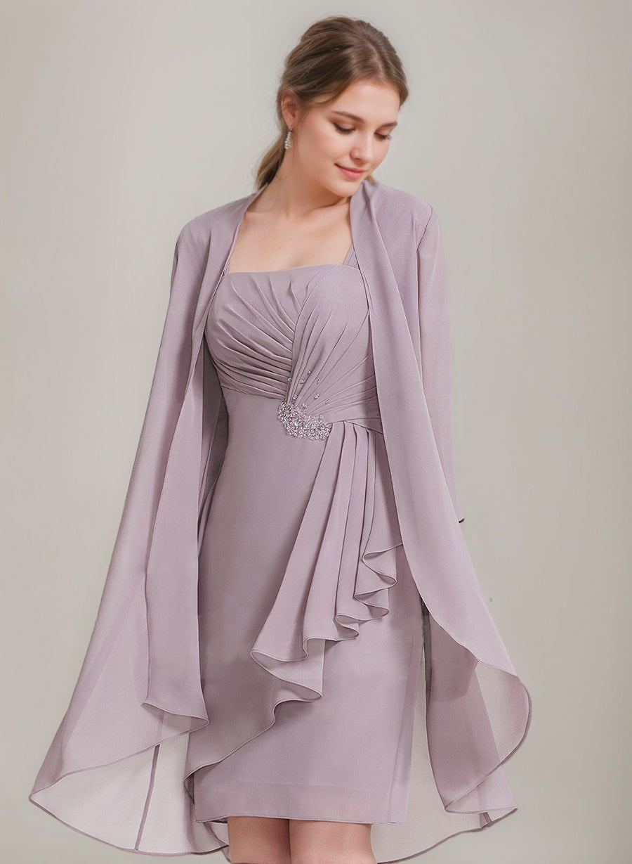 Sheath/Column Square Neckline 3/4 Sleeves Knee-Length Ruched聽Mother Of the Bride Dresses with Jacket & Ruffles & Pleats & Beads