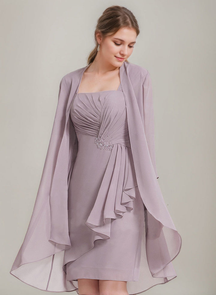 Sheath/Column Square Neckline 3/4 Sleeves Knee-Length Ruched聽Mother Of the Bride Dresses with Jacket & Ruffles & Pleats & Beads