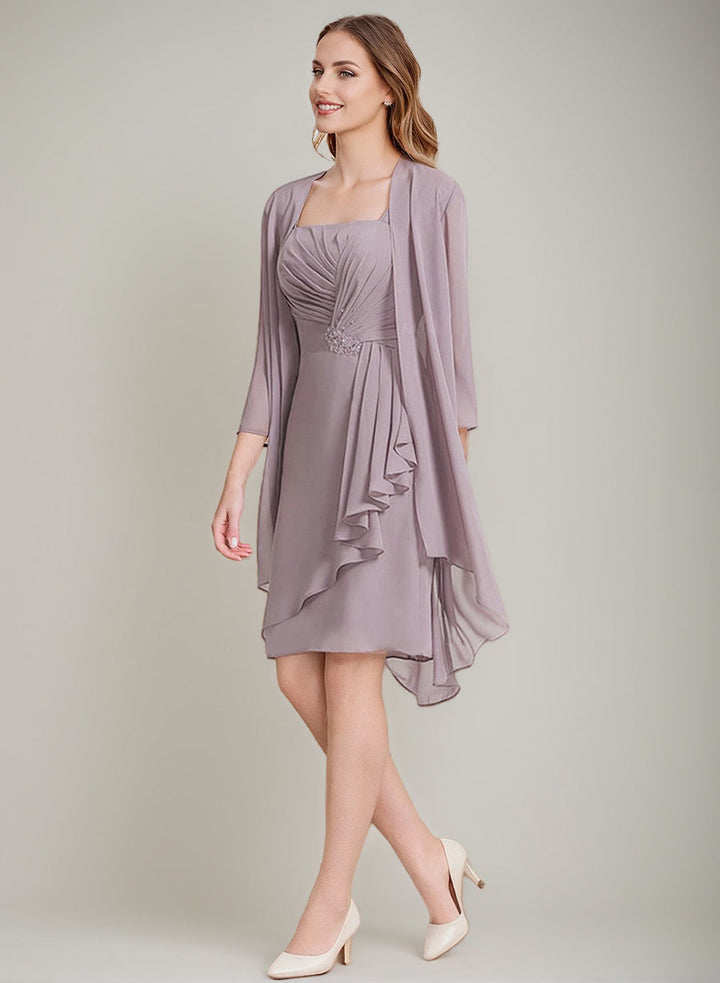 Sheath/Column Square Neckline 3/4 Sleeves Knee-Length Ruched聽Mother Of the Bride Dresses with Jacket & Ruffles & Pleats & Beads