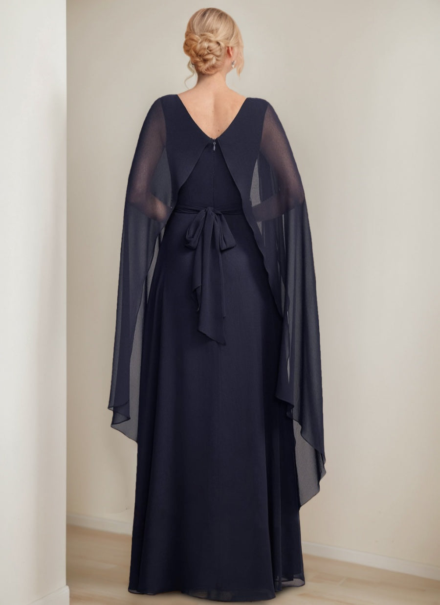 A-line/Princess Scoop Floor-Length Cape Sleeves Mother Of The Bride Dresses with Bow & Ruffles