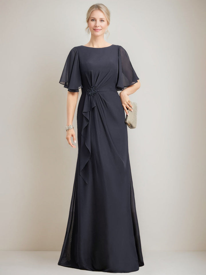 A-line/Princess Jewel Neck Ruched Floor-Length Mother Of The Bride Dresses with Ruffles & Crystals & Beads