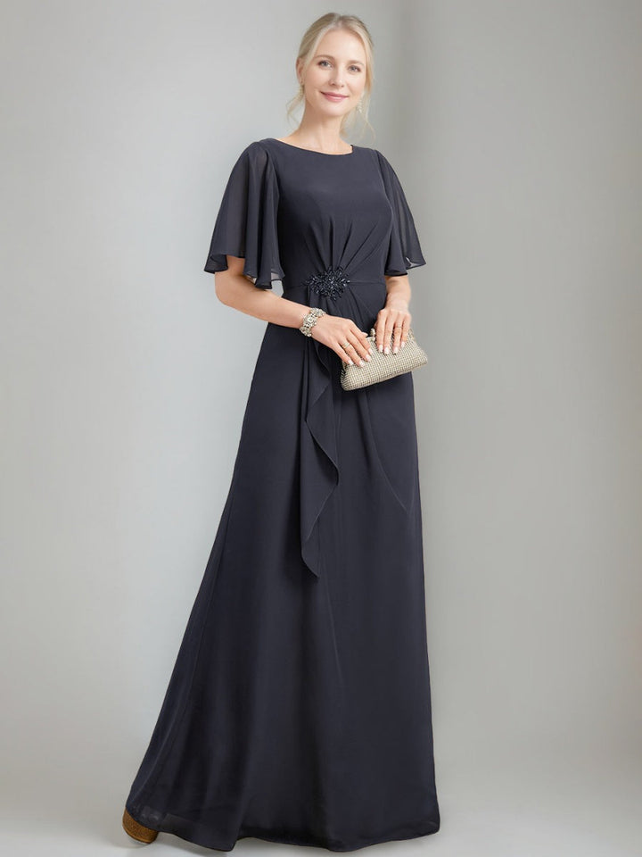 A-line/Princess Jewel Neck Ruched Floor-Length Mother Of The Bride Dresses with Ruffles & Crystals & Beads