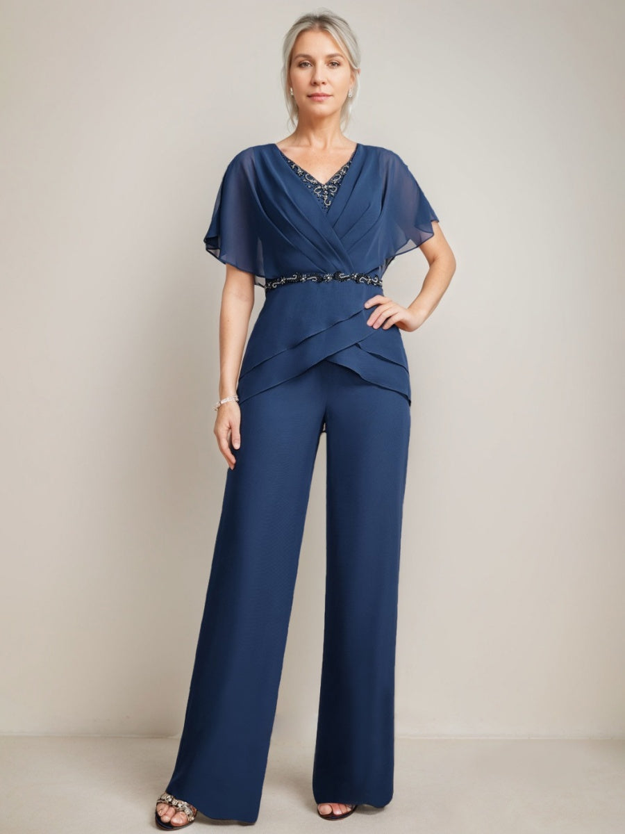 2 Pieces V-Neck Ruched Flutter Sleeves Floor-Length Beading Mother of the Bride Pantsuits