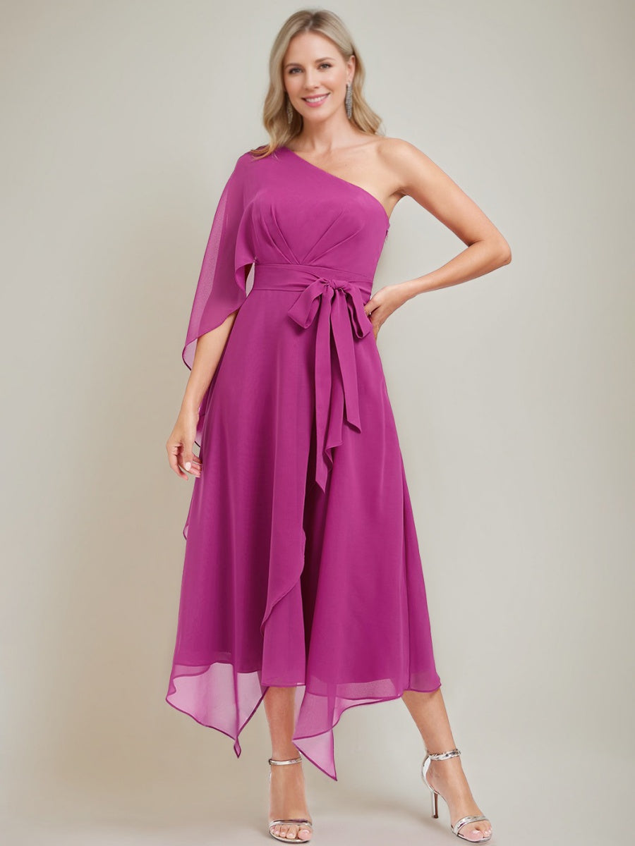 A-line/Princess One-Shoulder Asymmetrical Ruched Mother of the Bride Dresses with Bow Sash